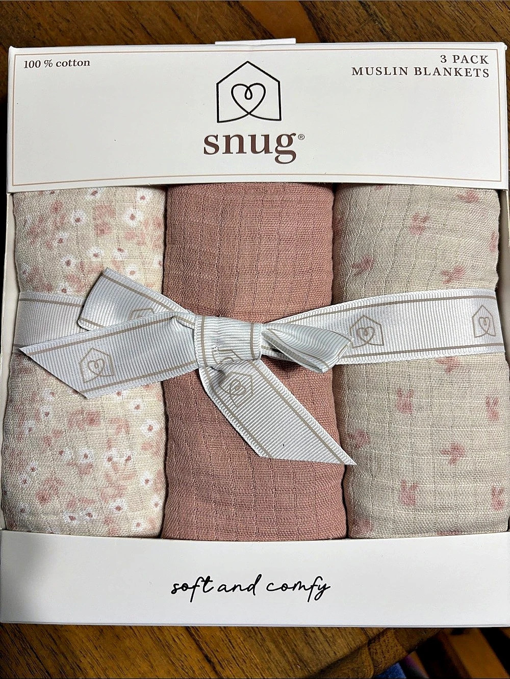 snug 3 Pack Muslin Blankets Cotton Muslin Blankets Pink & Cream